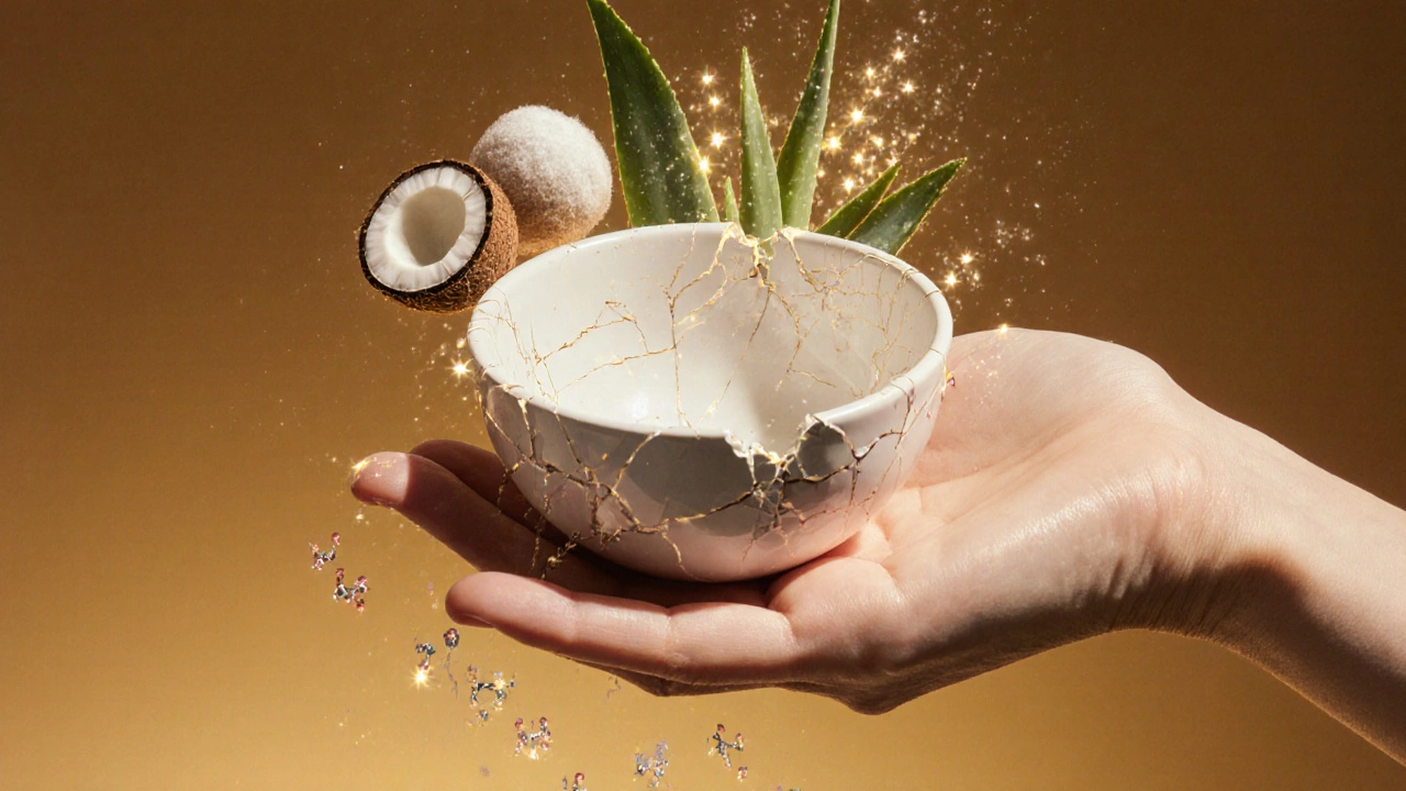 Ruka drží poškozenou keramickou mísu, která představuje pokožku, kolem ní se objevují přírodní látky jako ochranná bariéra.