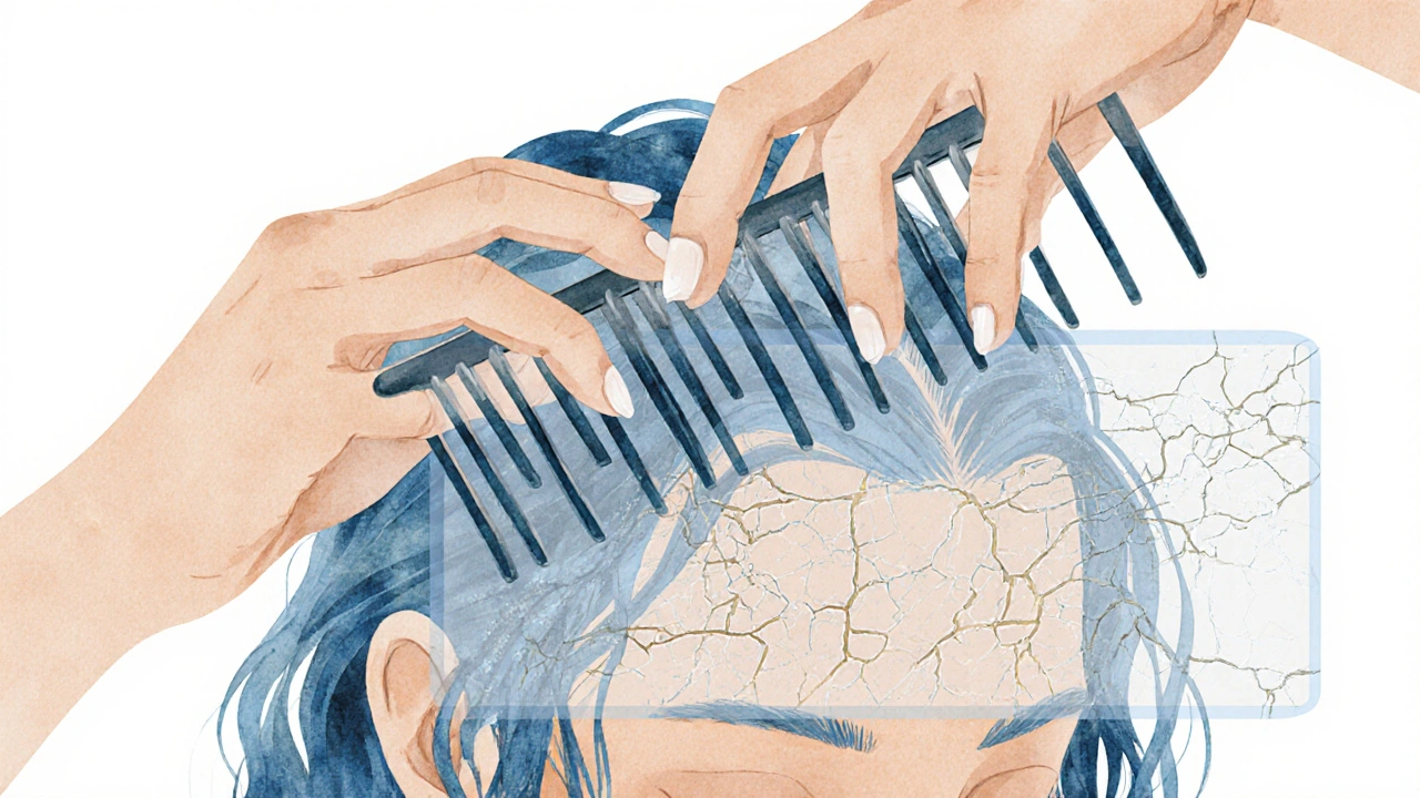 Ruka jemně češoucí mokré vlasy širokým hřebenem, s mikroskopickými trhlinami ve vlasech.