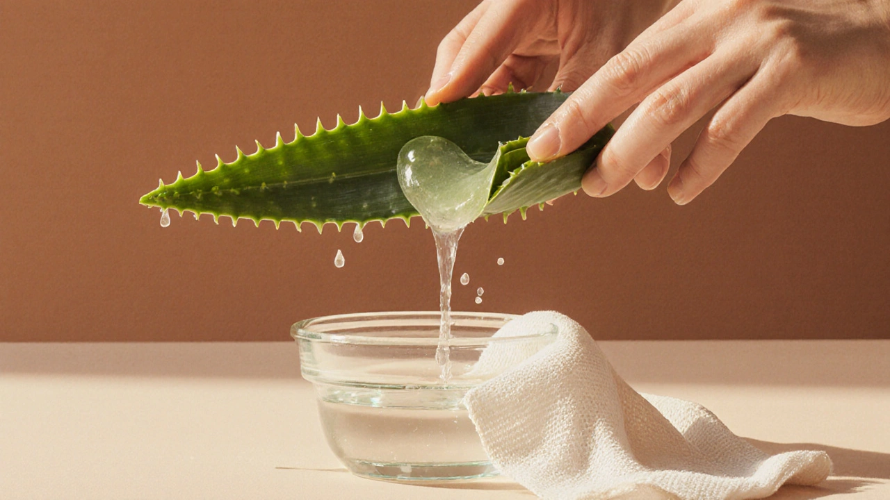 Ruka odstraňuje kůru z listu aloe vera, aby uvolnila průhledný gel do mísy.