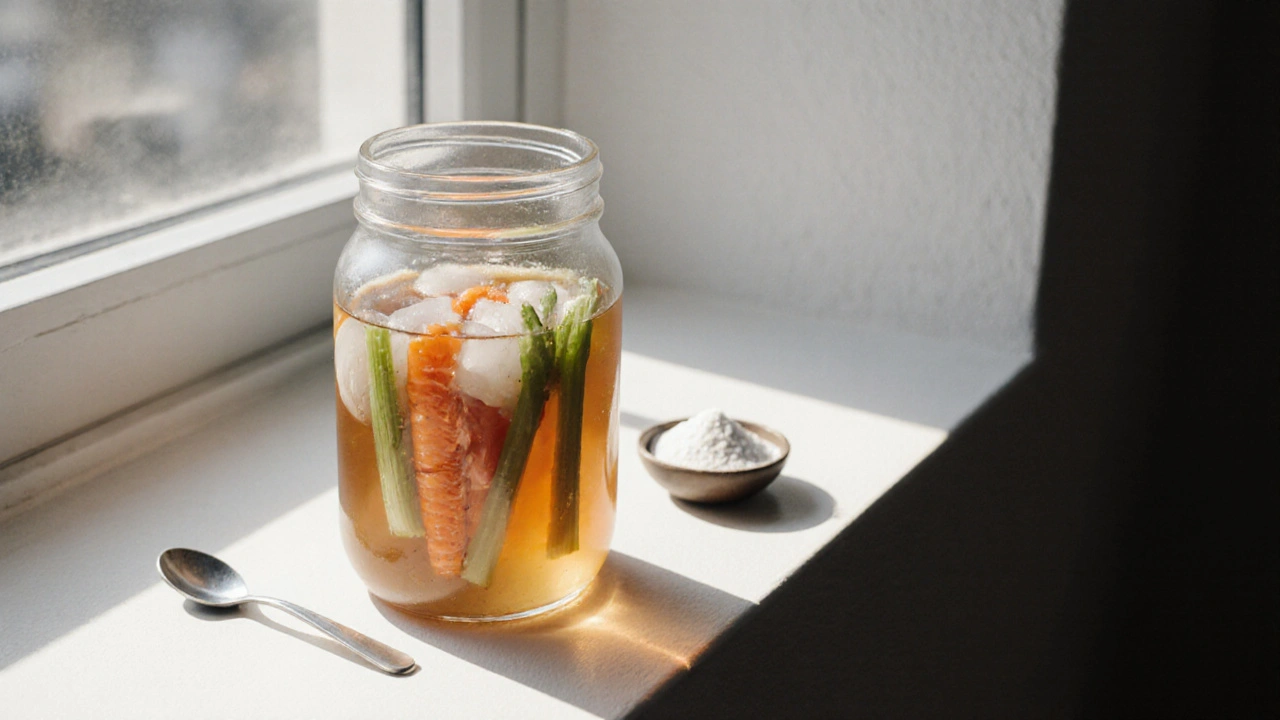 Skleněná nádoba s vývarem z rybích kostí a zeleninou na větrníku s práškem mořského kolagenu.