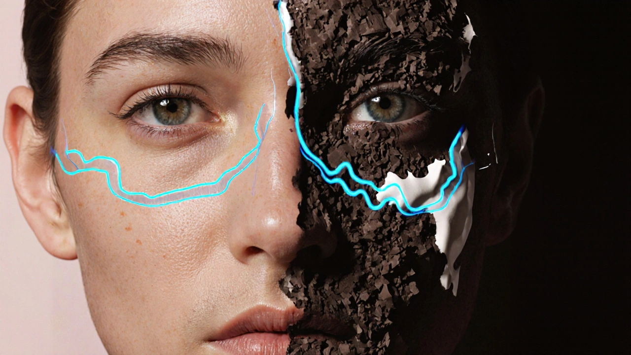 Světlé cesty aktivních látek pronikajících do kůže po správném nanesení séra.