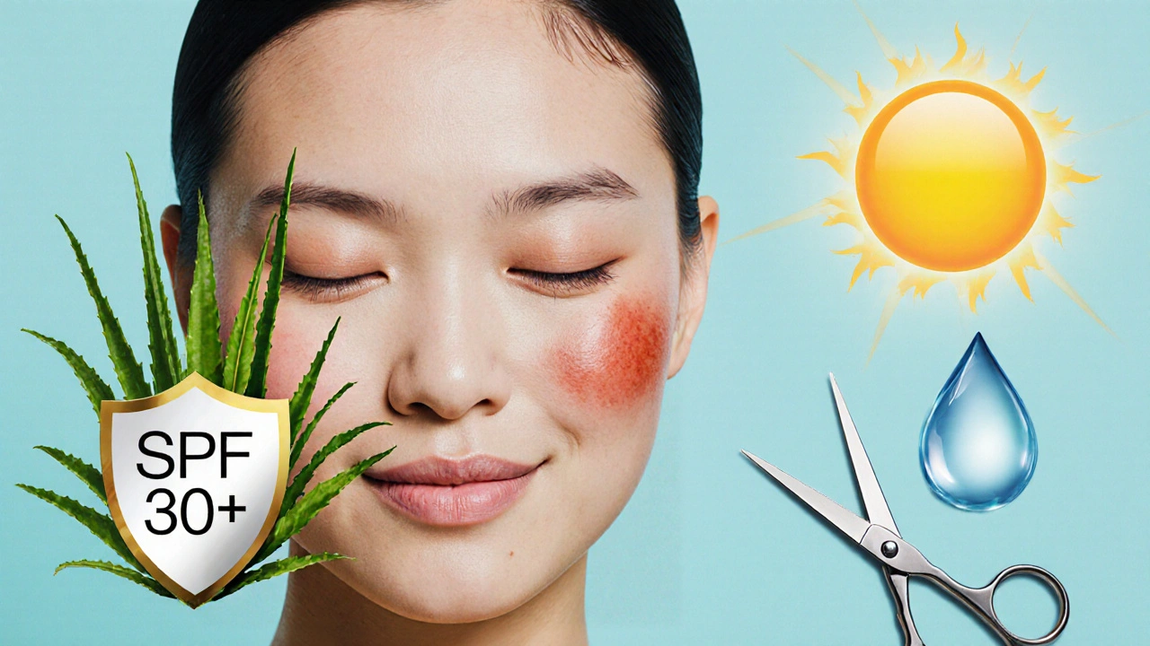 Symbolický obraz obličeje v obnově, chráněného aloe, SPF a vodou, s nůžkami jako jemnou alternativou depilace.