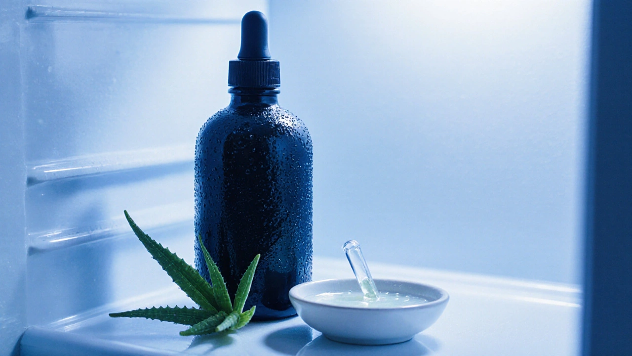 Tmavá skleněná lahve s čistou šťávou z aloe vera uložená v lednici.