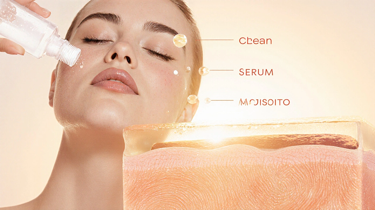 Transparentní vrstvy péče o pleť: tonik, sérum a krém na kůži.