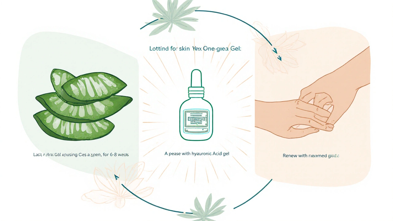 Tři scény znázorňující cyklus používání aloe vera gelu s pauzou a obnovou.