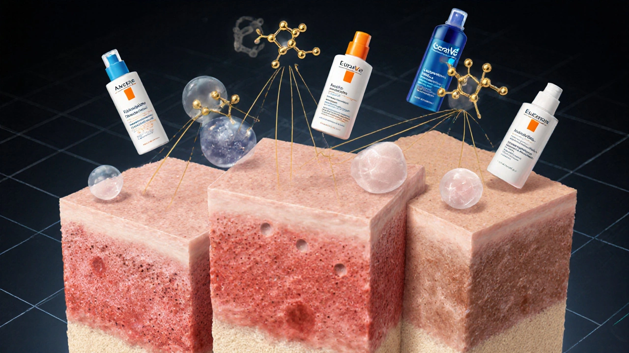 Tři typy pleti s molekulárními strukturami aktivních látek spojenými s produkty.