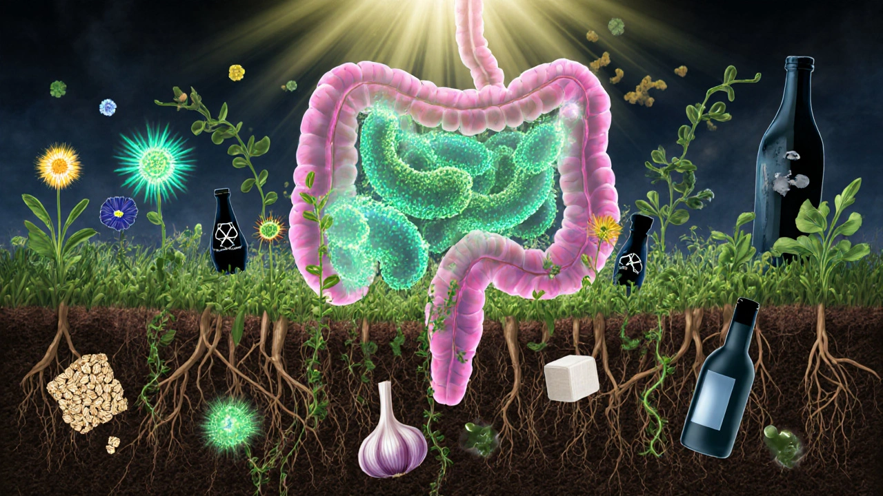 Uvnitř střev jako zahrada s květy představujícími užitečné bakterie a vlákninou.