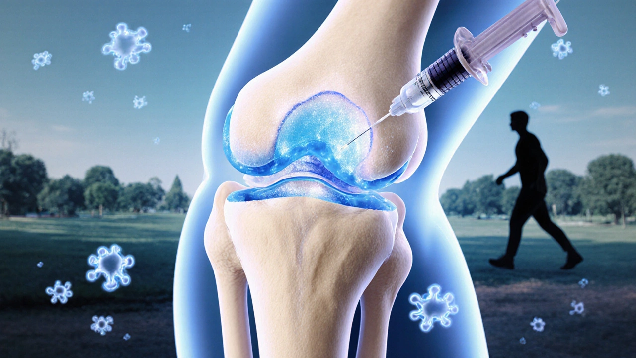 Vnitřní výřez kolenního kloubu s regenerujícími kolagenovými vlákny a bioaktivními molekulami.