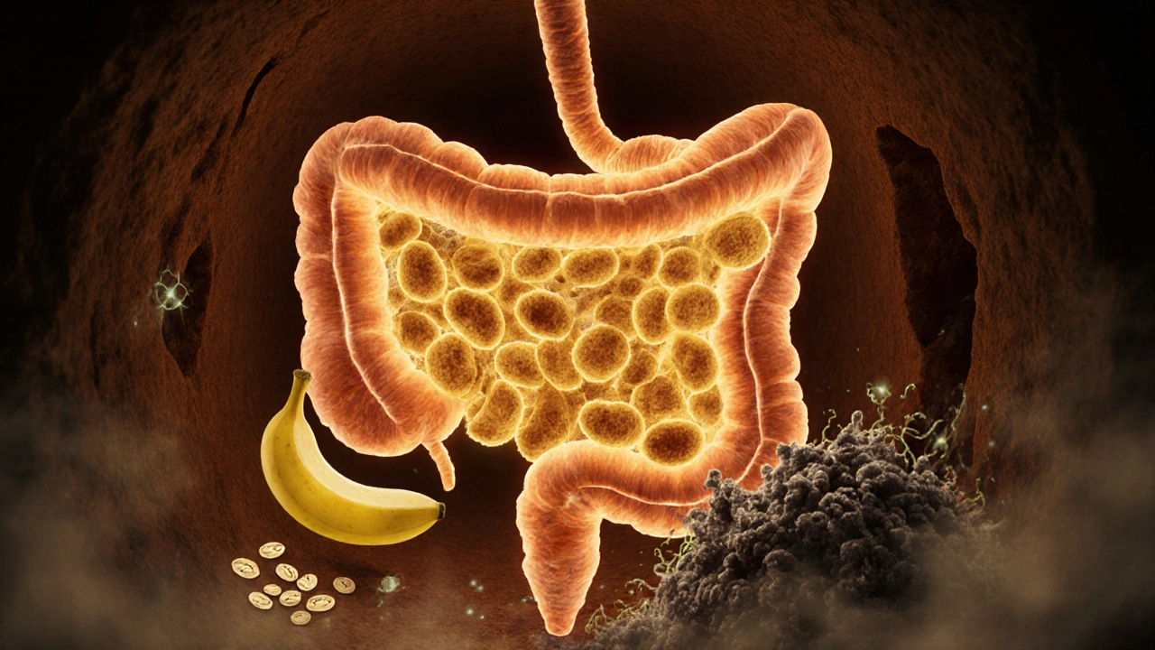 Zdravé střevo s lesklými probiotickými bakteriemi a prebiotickými vlákny.