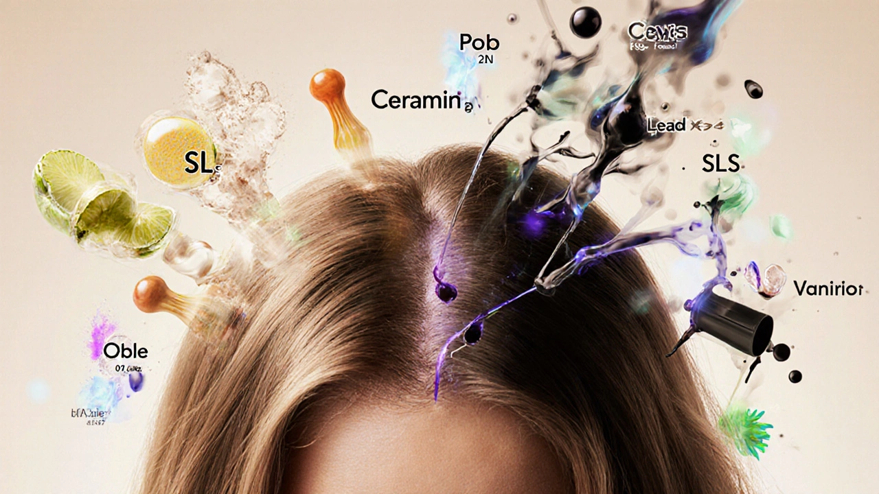 Zdravý vlasový folikul obklopený výživou, zatímco škodlivé chemikálie postupně mizí.