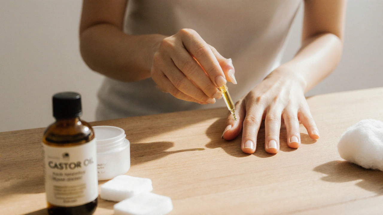 Žena aplikuje olej na nehty během pauzy, symbolizující obnovu a péči.