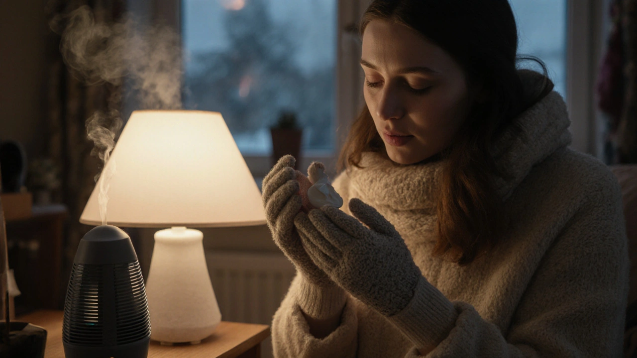Žena si namazává ruce krémem v zimním interiéru s vlhčovačem vzduchu.