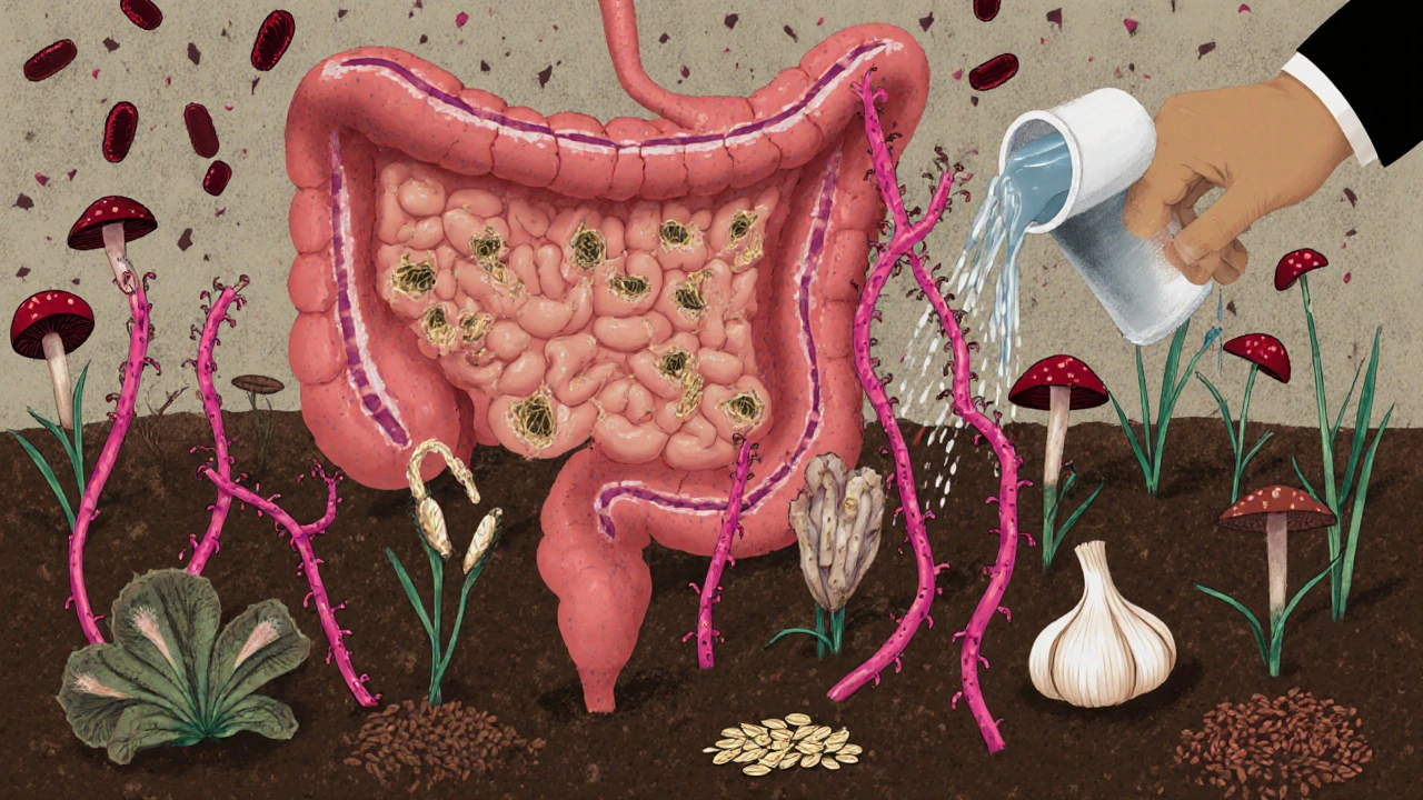 Znázornění střev jako zničené zahrady s kvasinkami jako invazivními rostlinami, v pozadí prebiotika a voda.