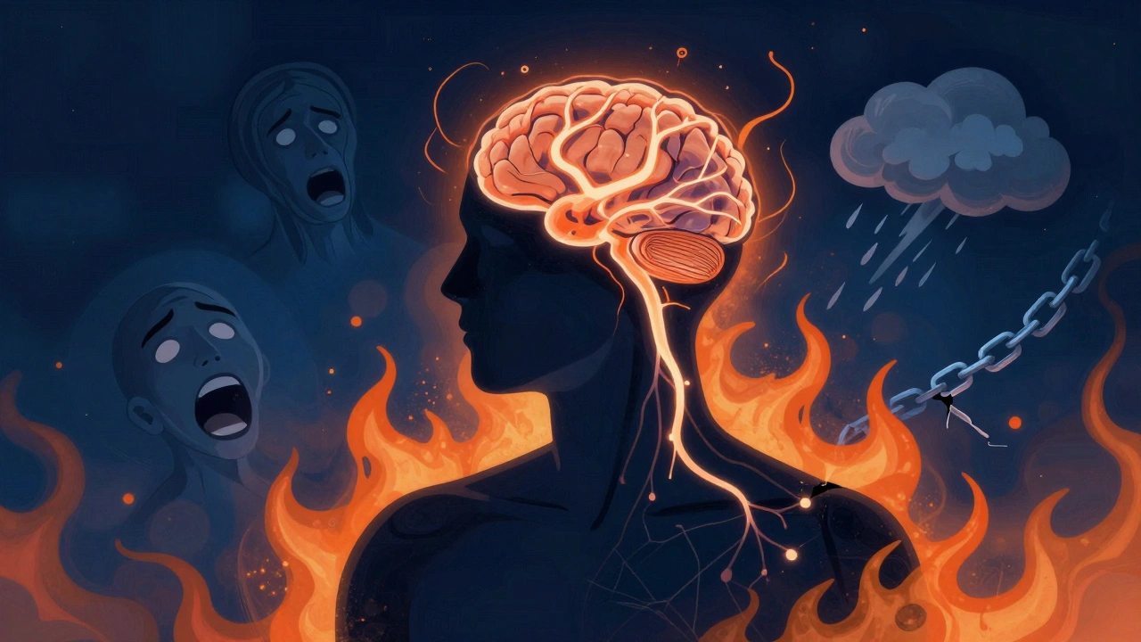 Abstraktní ilustrace mozku během vrcholu detoxikace s nervovými impulzy a symboly závislosti.