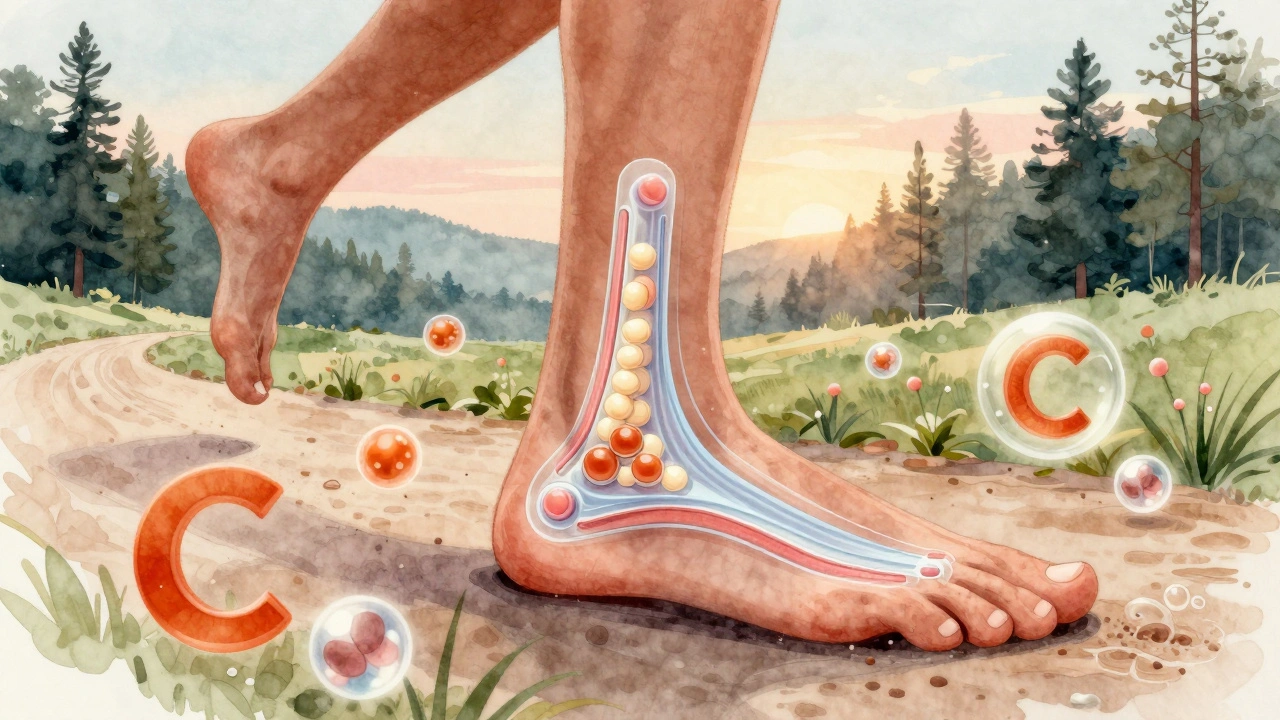 Běžec s kolagenovými peptidy proudícími do šlachy v ranním světle