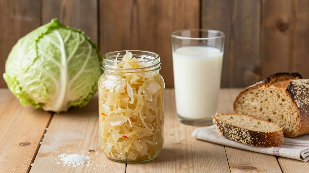 Česká kuchyně s kysaným zelím, kefírem a kvasným chlebem na dřevěném stole.