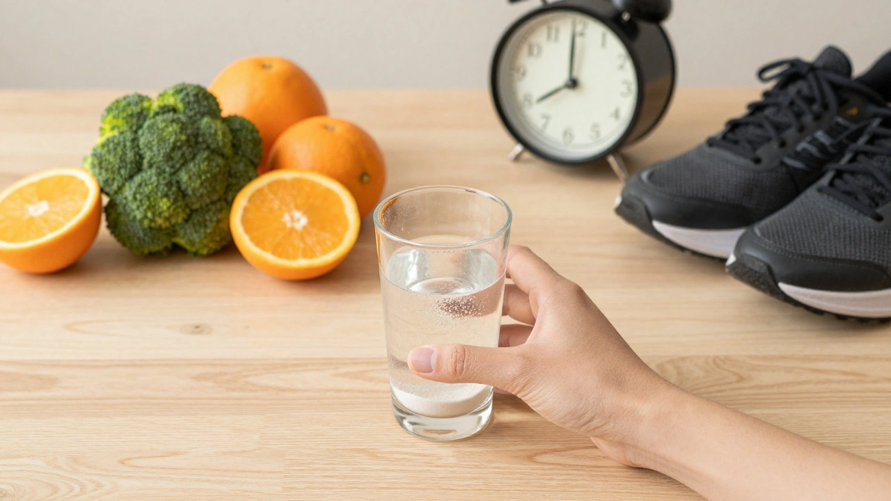 Denní rutina s kolagenem, ovocem a vodou na stole