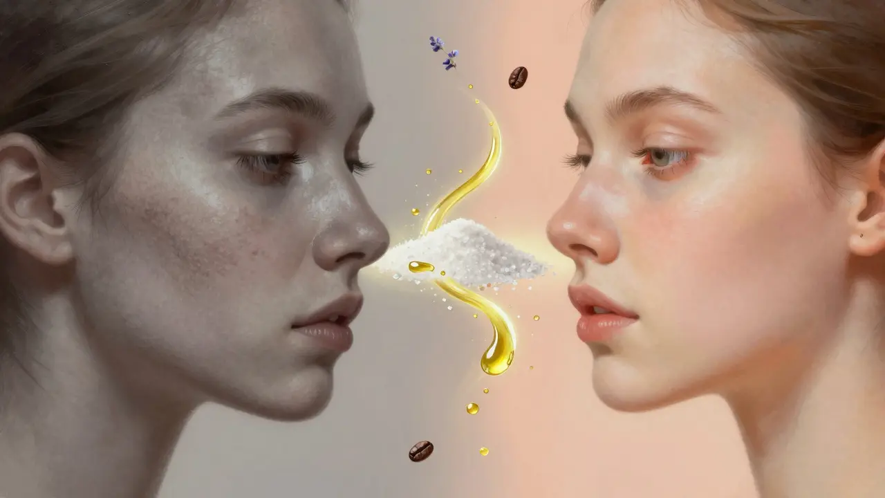 Dvě části obličeje: matná kůže vlevo, zářivá vpravo, spojené kapičkami oleje a cukru.