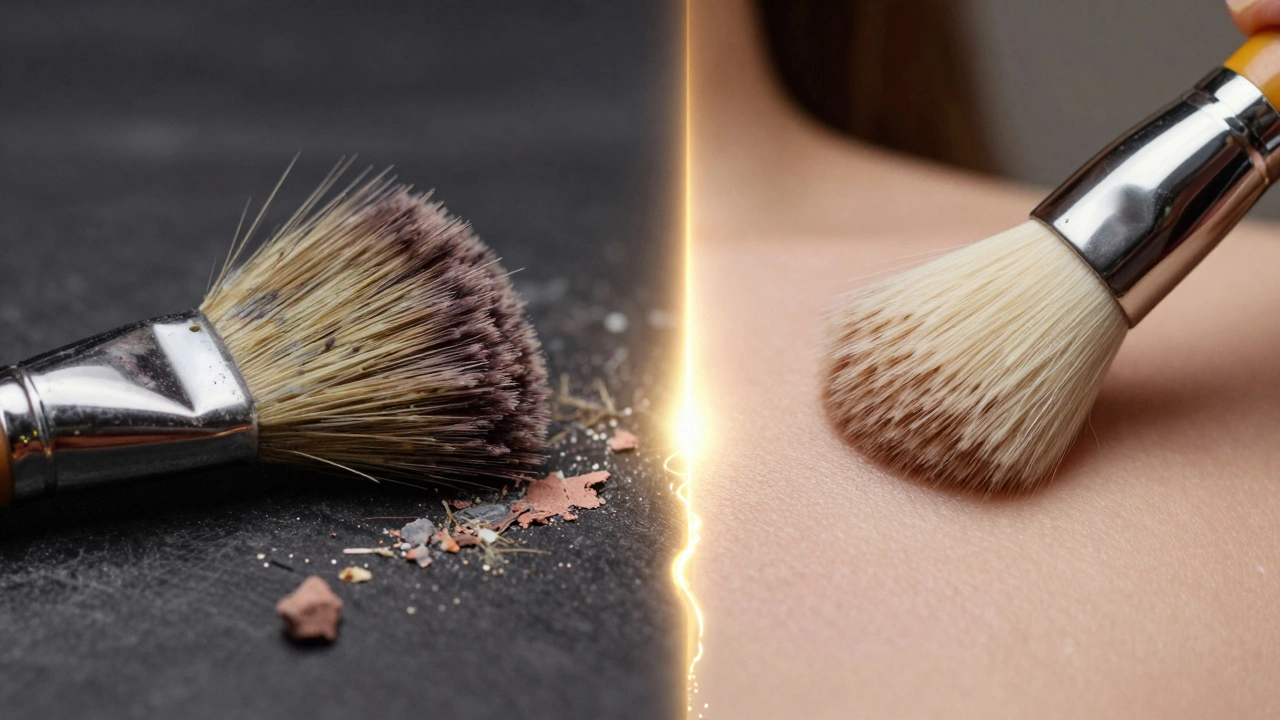 Dvě strany štětce: poškozený na levé, nový na pravé straně, spojené zlatou cestou světla.