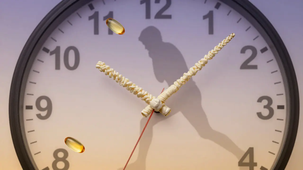 Hodiny s ručičkami z kolagenu, kolem nich kapsle vitamínů, symbolizující dlouhodobou péči o klouby.