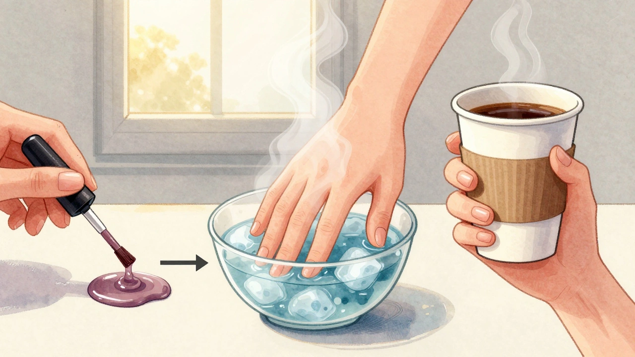 Ilustrace ruky v různých fázích sušení laku: aplikace, ponoření do vody a dokončená manikúra.