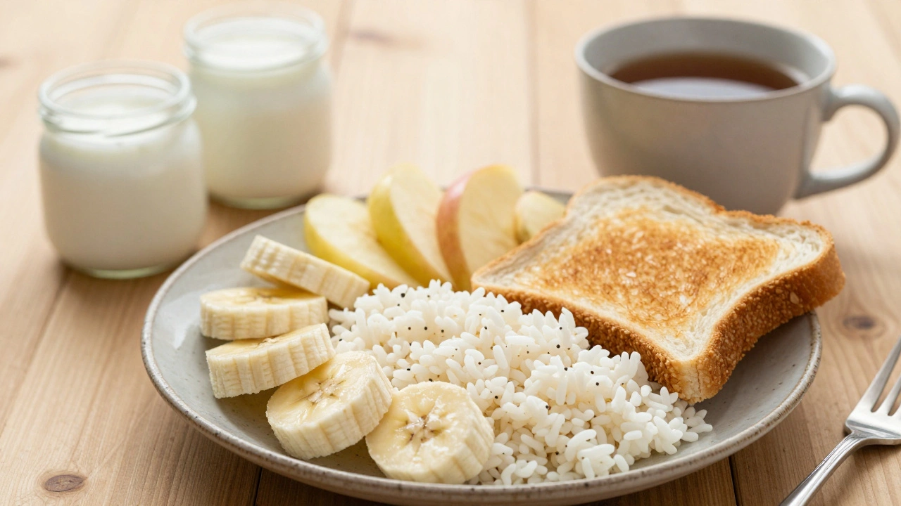 Jídla BRAT diety: banán, rýže, vařené jablko a toast s černým čajem.