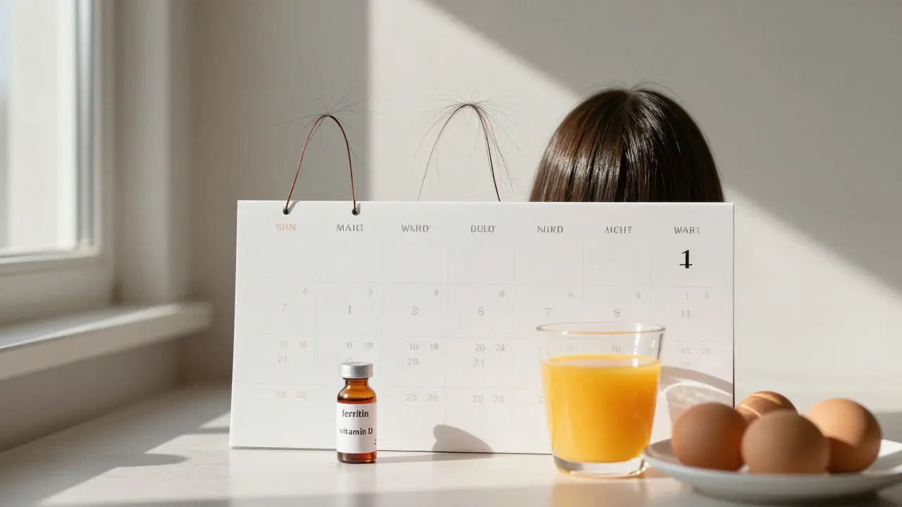 Kalendář ukazující změnu vlasů během čtyř měsíců s výživovými zdroji a krevním testem.