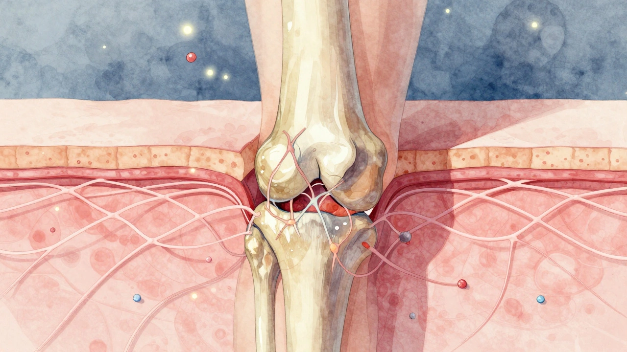 Křížový řez kloubu a kůže s kolagenovými vlákny a vitamínem C.