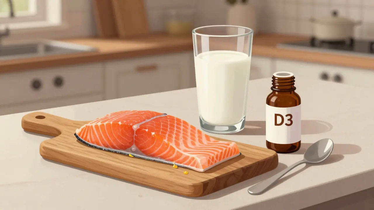 Kuchyňský stolek s lososem, obohaceným mlékem a kapkami vitamínu D3.