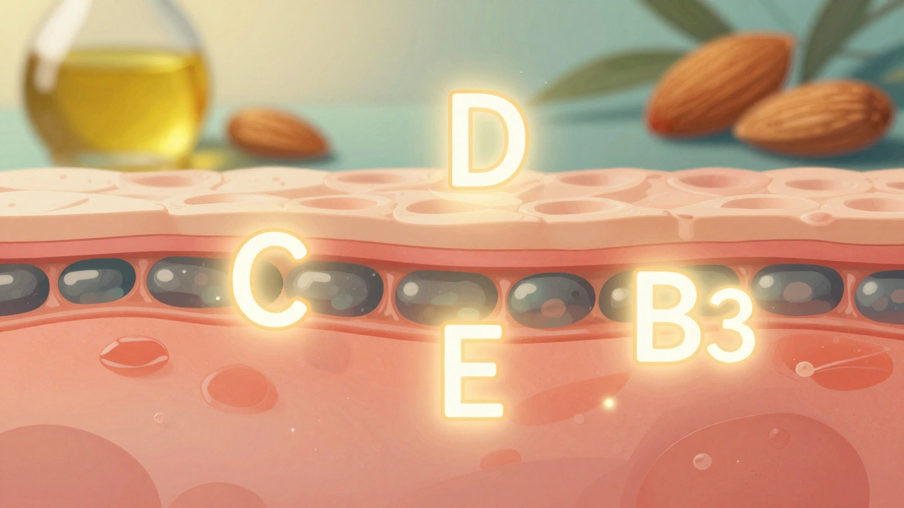 Kůže s vnitřními vitamíny C, E, D a B3 jako zářící částice v buněčných vrstvách.