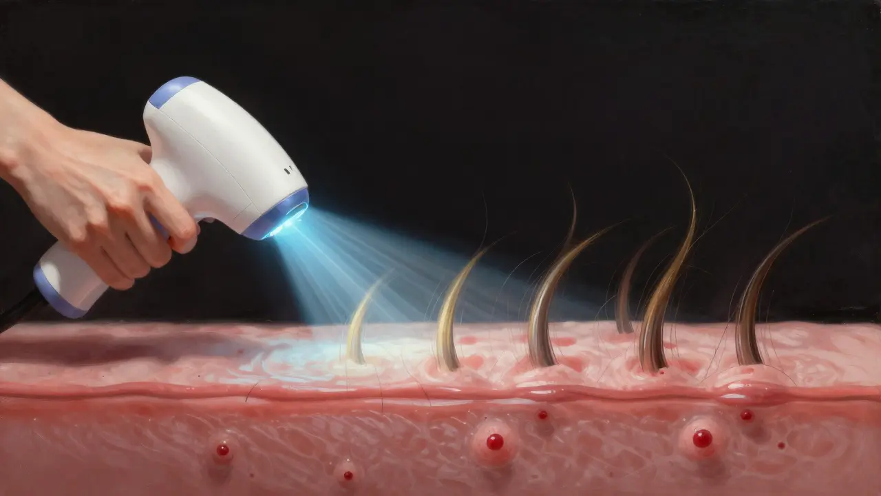 Laserové světlo rozkládá vlasové kořeny a mizí pupínky, symbolizující trvalé ulevění.