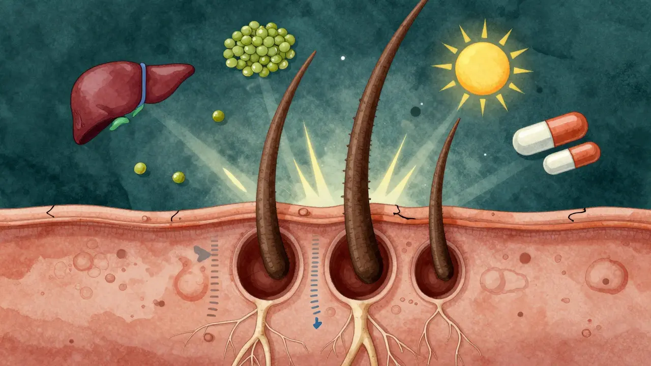 Mikroskopický pohled na vlasový folikul s chybějícími živinami a výživovými zdroji v okolí.