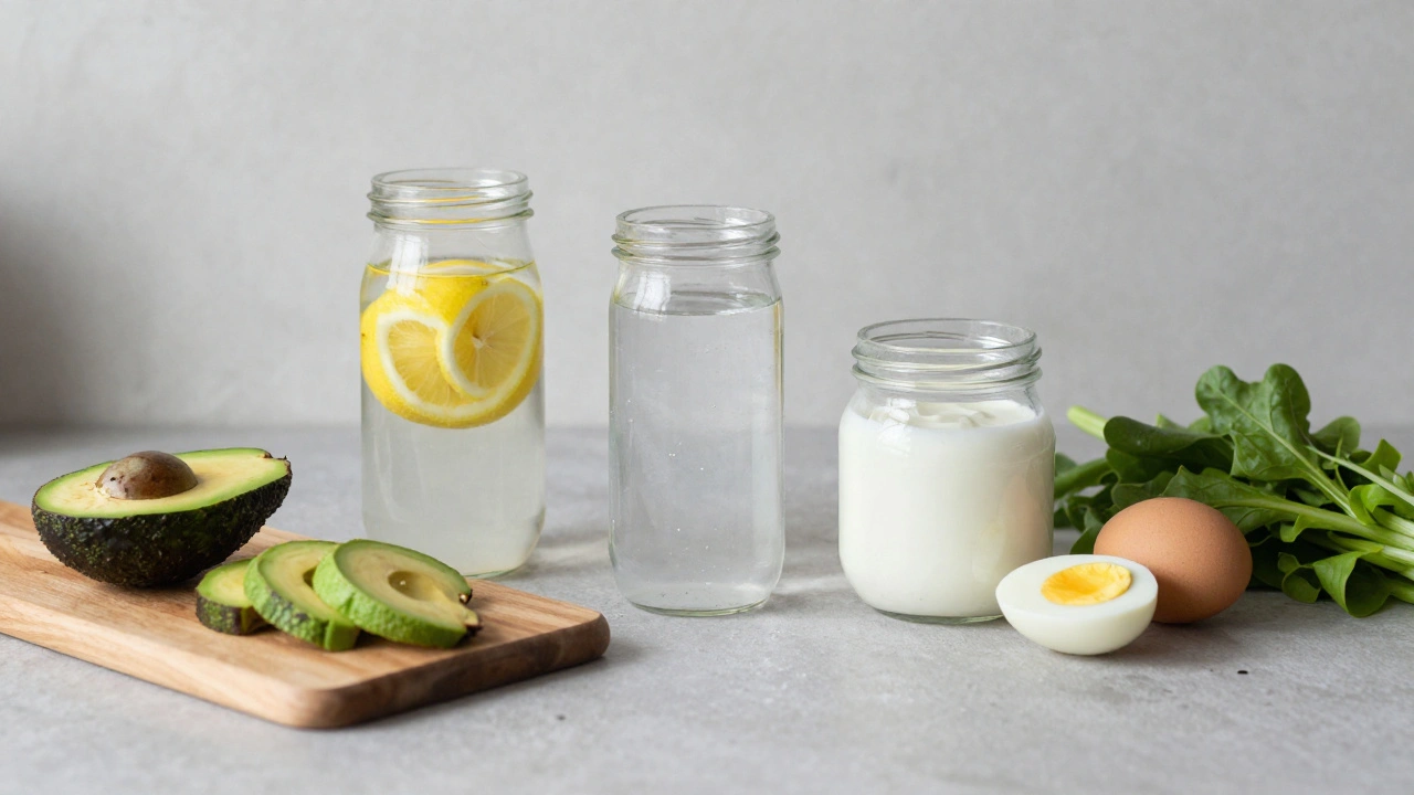 Minimální kuchyňský stolek s čistými sklenicemi a čerstvými potravinami bez balení.