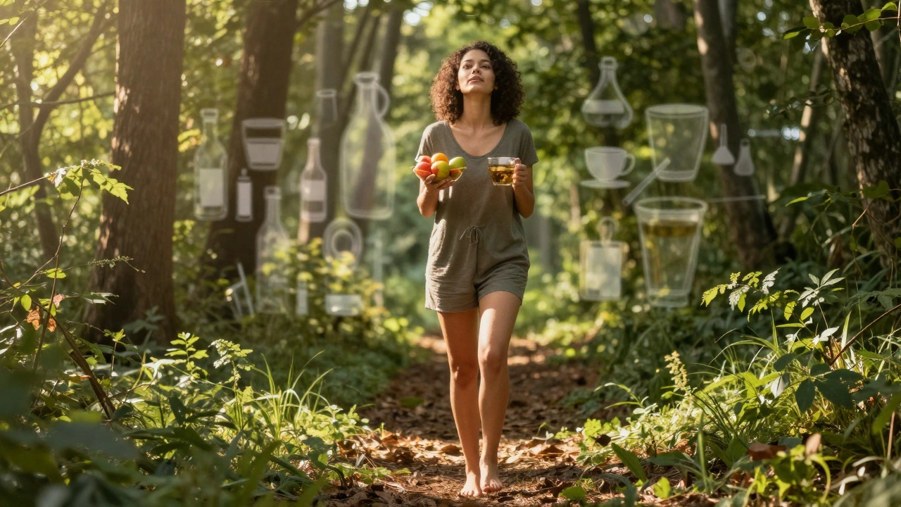 Osoba kráčí lesem s čerstvým ovoce, znovu objevuje přirozenou energii po odvykání.