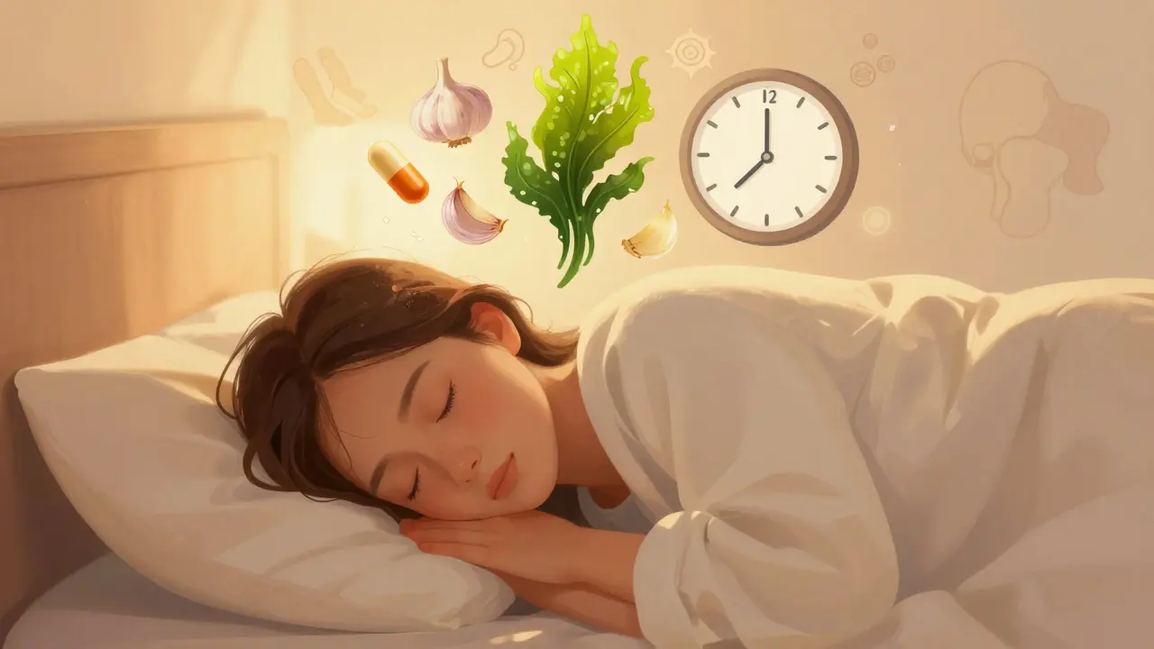 Osoba spící s symboly obnovy střev: probiotika, česnek, mořské řasy a hodiny spánku.