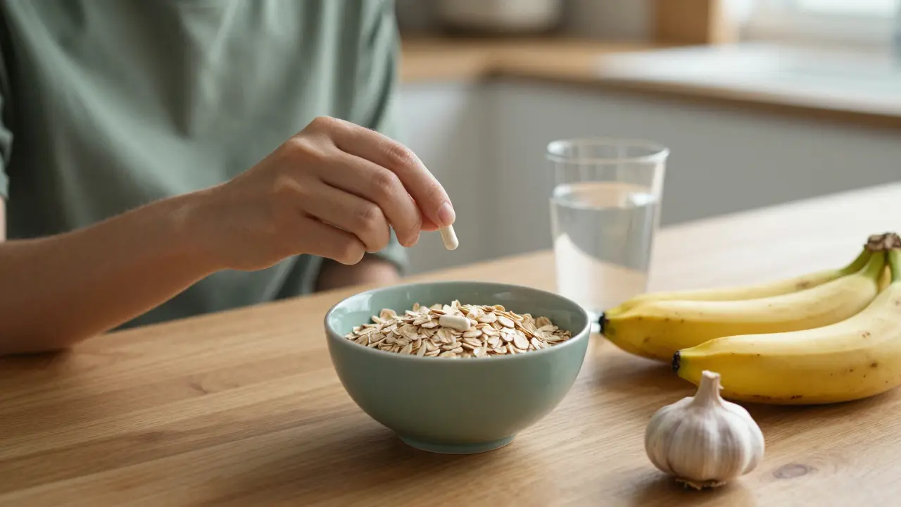 Osoba u snídaně s probiotikem a potravinami bohatými na vlákninu