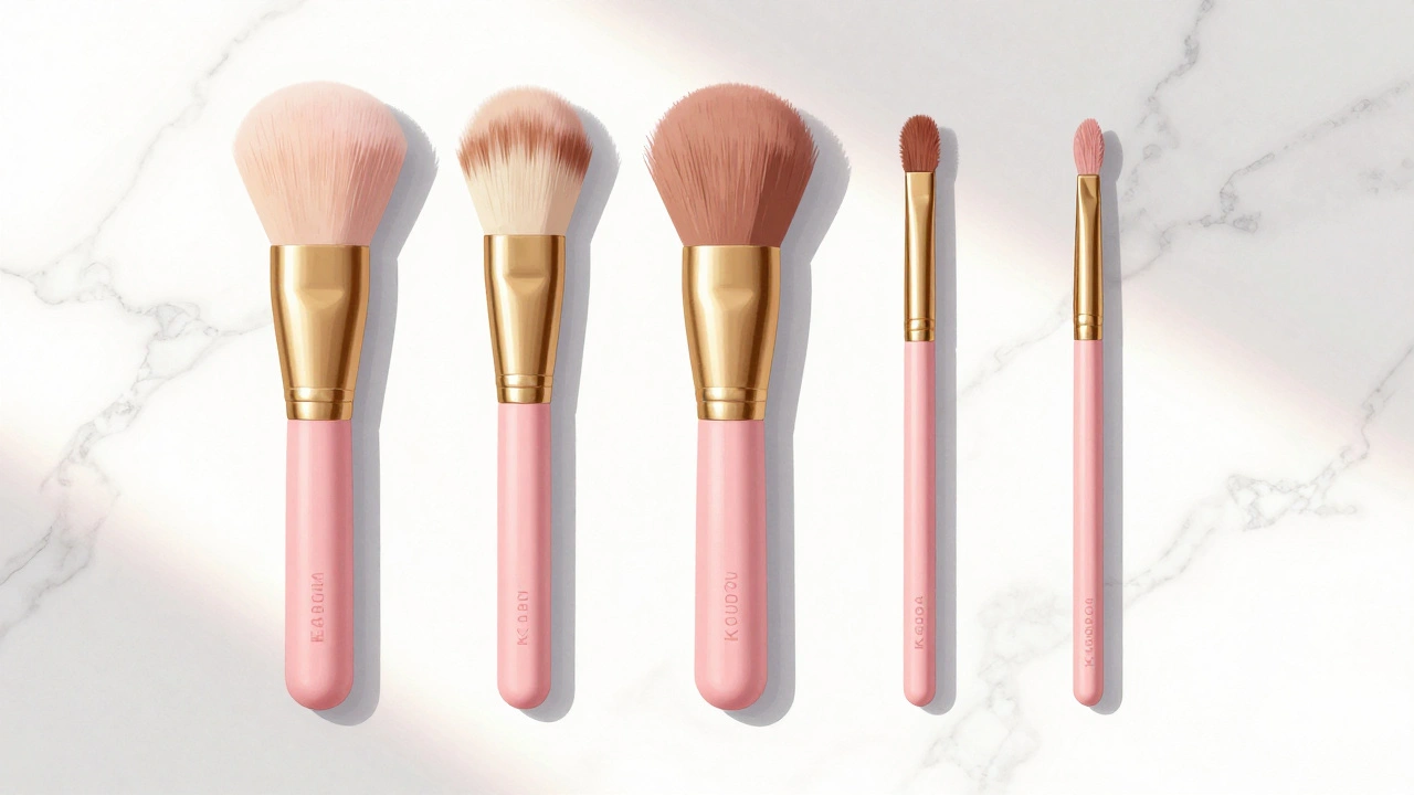 Pět základních štětců na make-up uspořádaných na mramorové ploše.