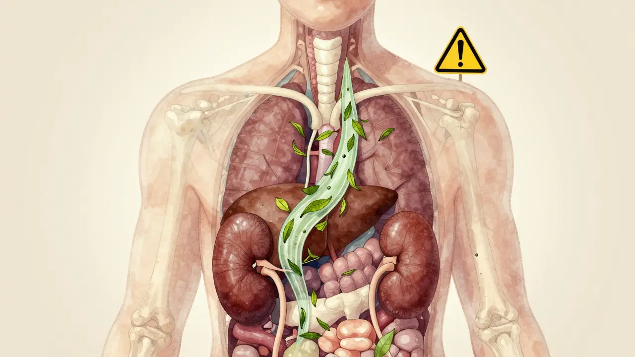 Průhledný lidský tělo s tokem čajových listů skrz játra a ledviny, s varovnými značkami na zubech a kostech.