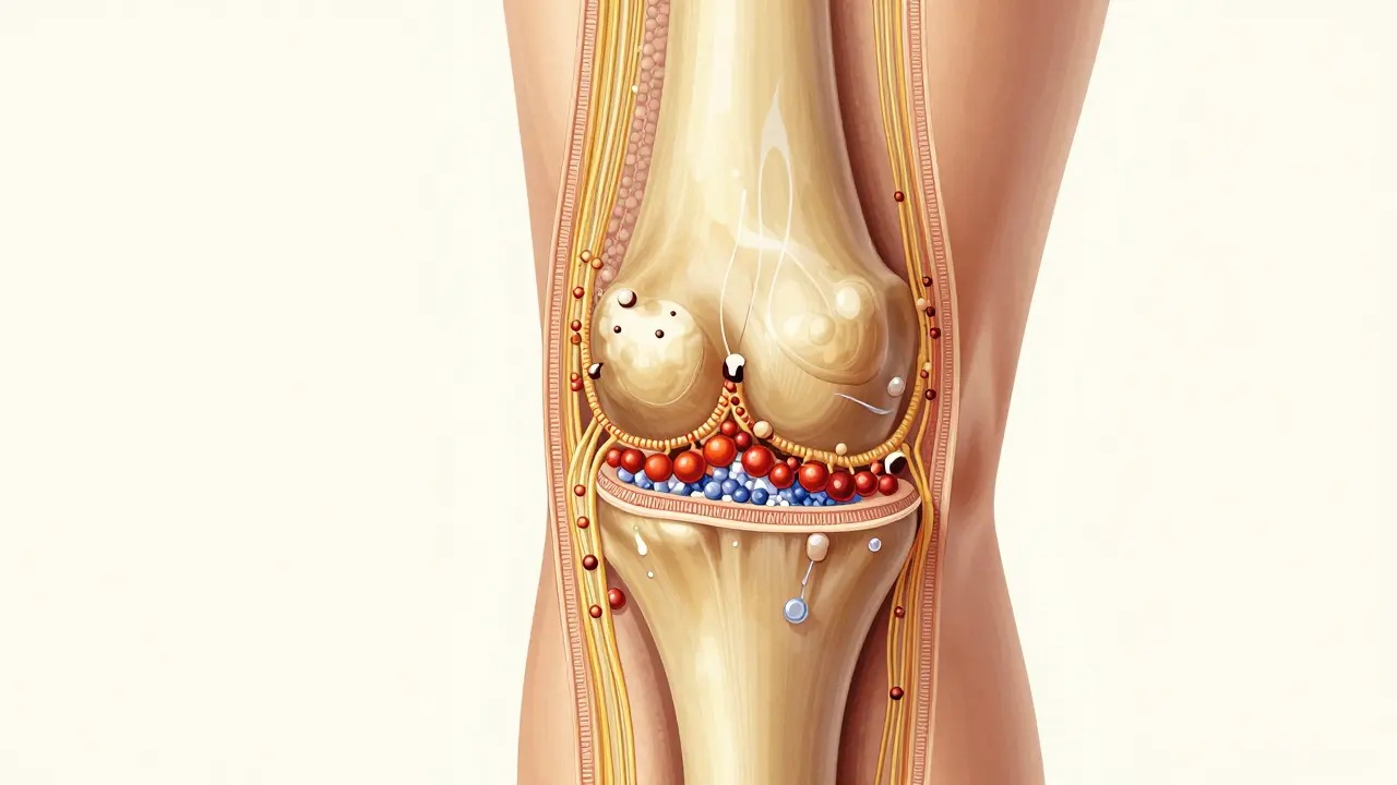 Průřez kolenního kloubu s obnovou chrupavky pomocí kolagenu, hyaluronové kyseliny a glukosaminu v přirozených barvách.