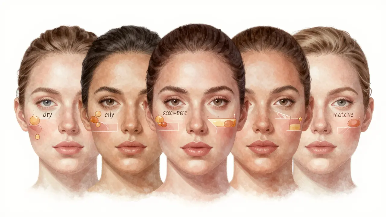 Rozdělená tvář s různými typy pleti a lipidovými strukturami.