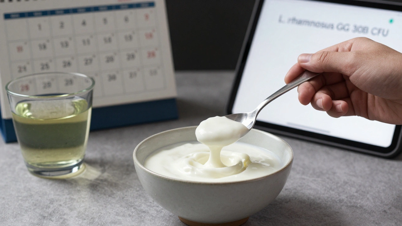 Ruce s kefírem a probiotikem vedle kalendáře s označenými dny
