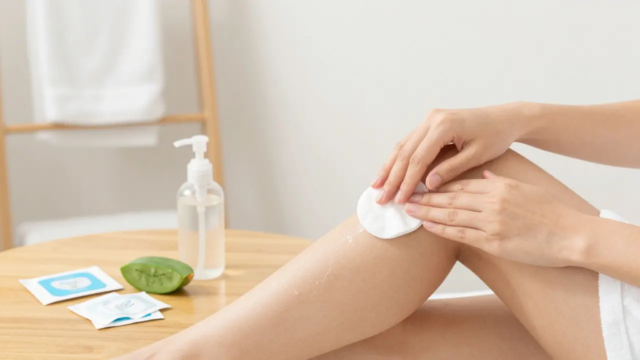 Ruka aplikuje tea tree olej na kůži po depilaci s kápnutím vody a čistými pomůckami.