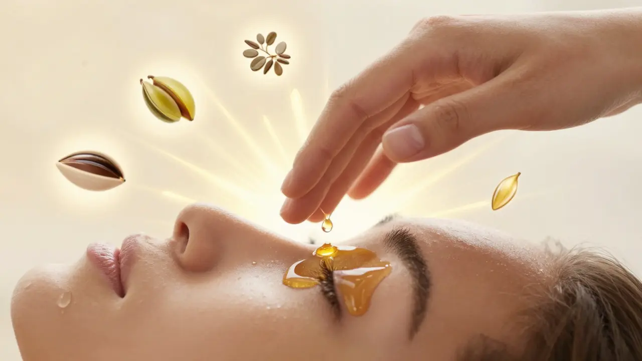 Ruka aplikující olej na obličej s abstraktními zářícími paprsky.