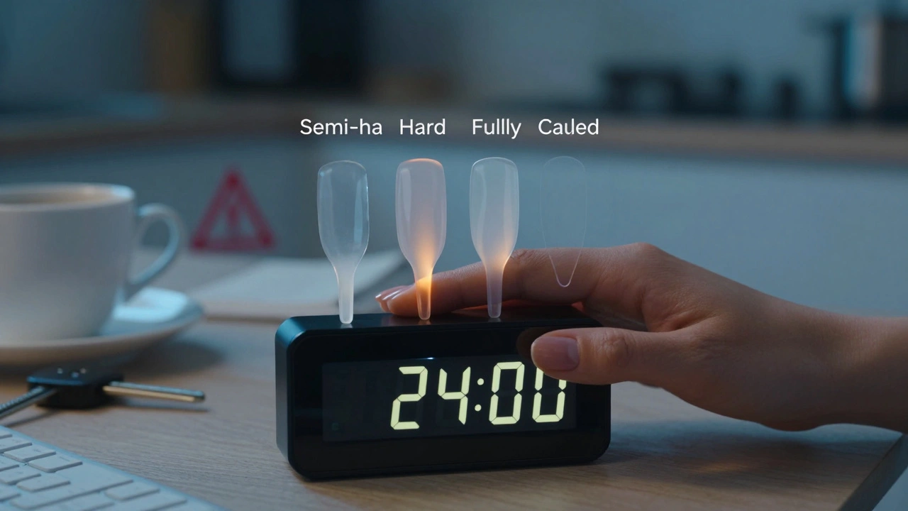 Ruka na hodinách ukazujících 24 hodin, s průhlednými vrstvami reprezentujícími sušení laku.