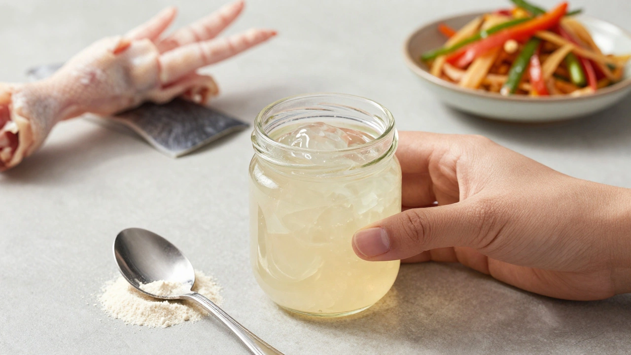 Sklenice s gelovitým vývarem a práškem kolagenu vedle rybí kůže a papriky.