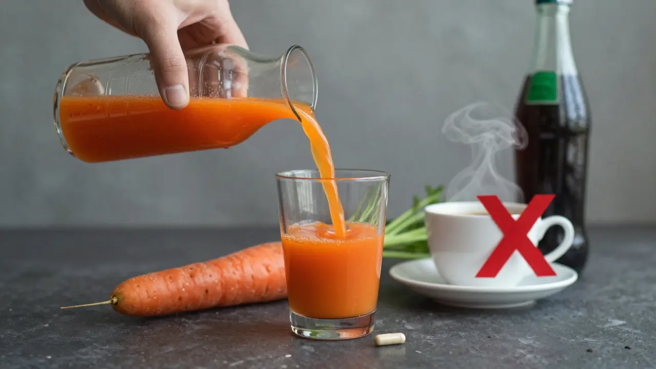 Studená šťáva vedle probiotika, s křížem nad horkou kávou a sladkým nápojem.