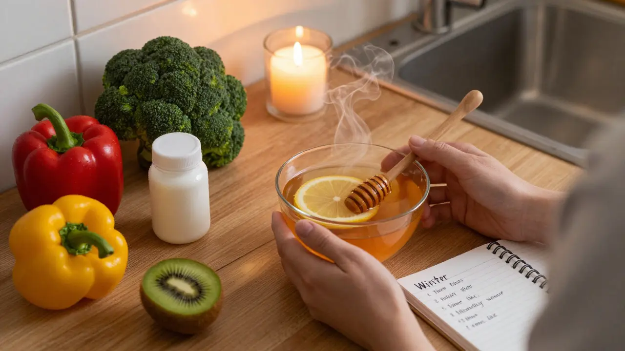 Teplá kuchyně s čajem, citrónem, medem a zdravými potravinami pro imunitu