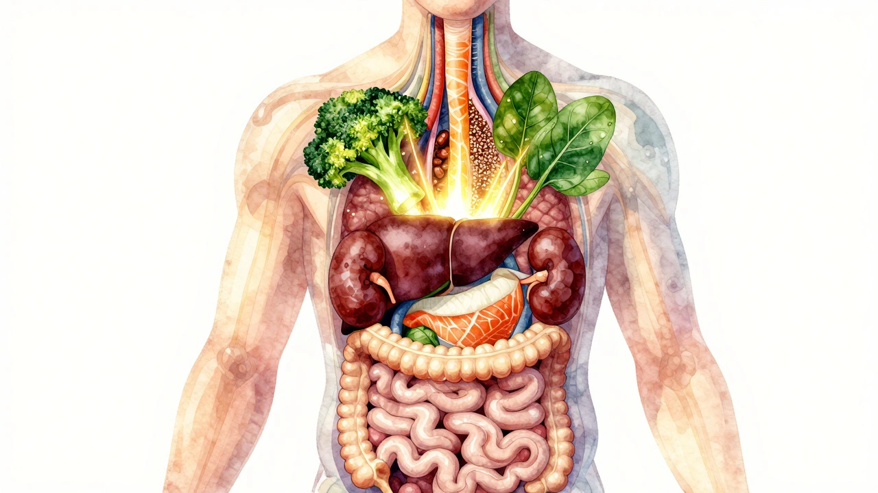 Translukentní ilustrace těla s orgány napájenými antioxidanty z čerstvé zeleniny a ryby.