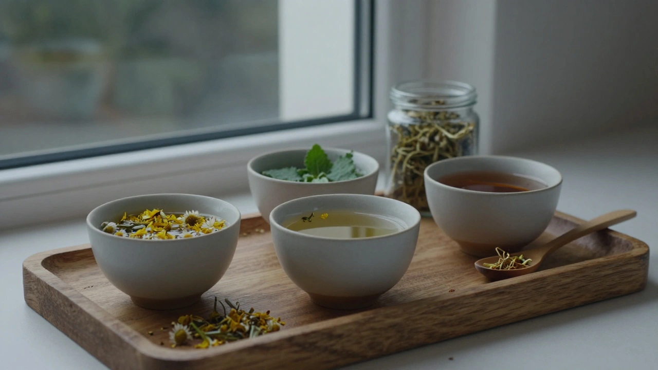 Tři hrnky s různými bylinnými čaji na dřevěném podnosu s sušenými bylinami vedle.