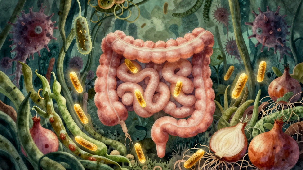 Umělá ilustrace střeva jako zahrady s prospěšnými bakteriemi a vlákninou